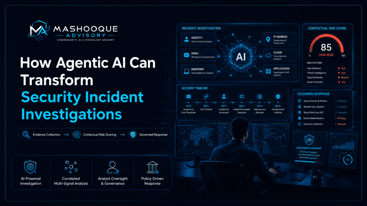 Article cover showing an AI-assisted security investigation architecture connecting alerts, evidence, risk scoring and analyst approval.
