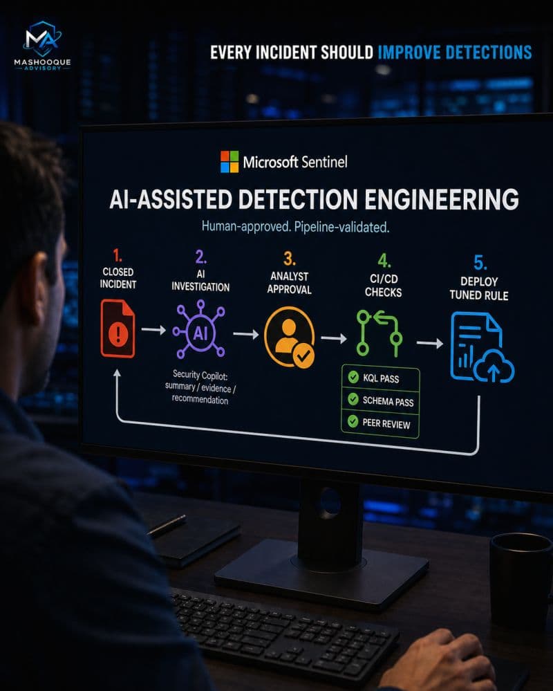 SOC workstation showing a Microsoft Sentinel improvement loop from incident investigation through analyst approval and CI/CD deployment.
